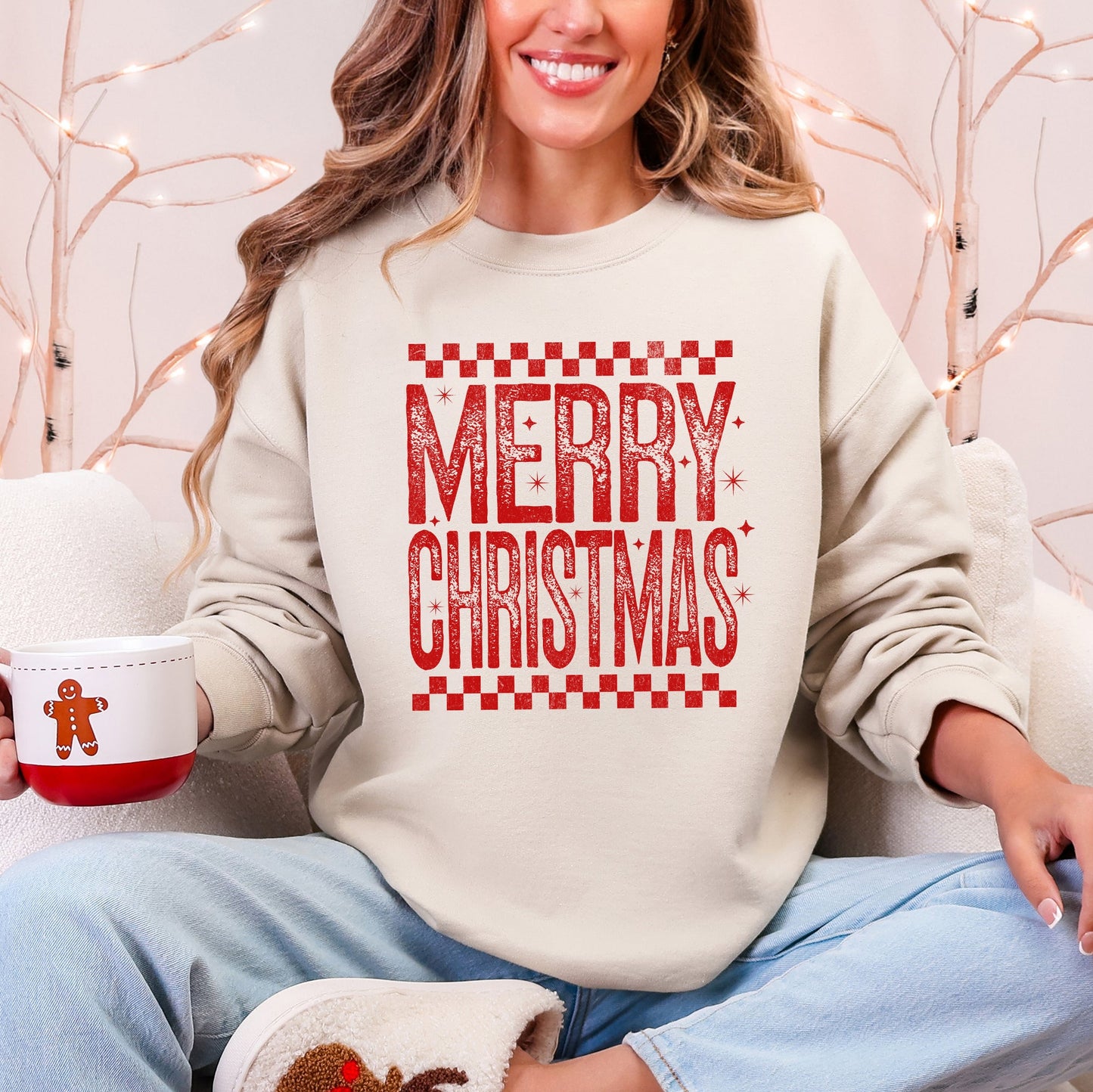 Merry Christmas, Checkered, Retro, Vintage Sweatshirt