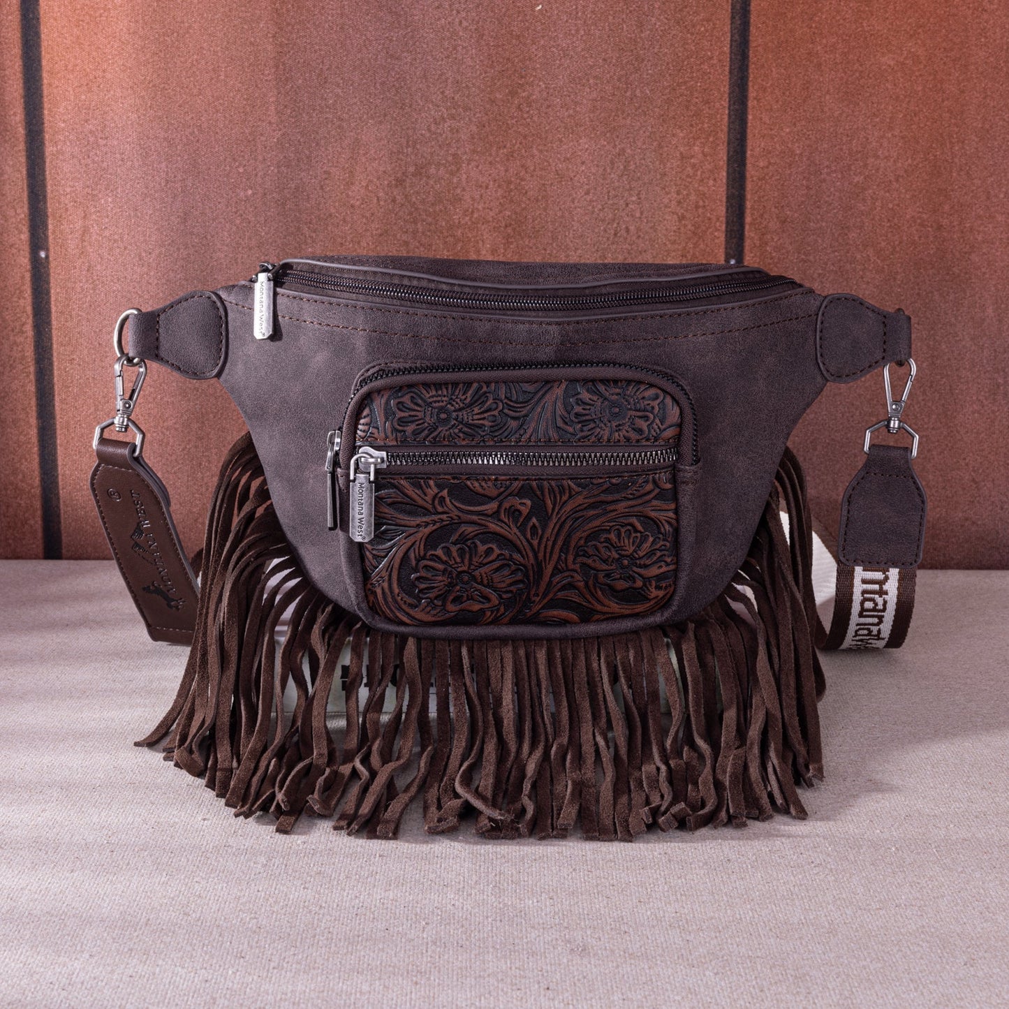 Montana West Fringe Fanny Pack – Western Tooled Leather Waist Bag with Adjustable Strap