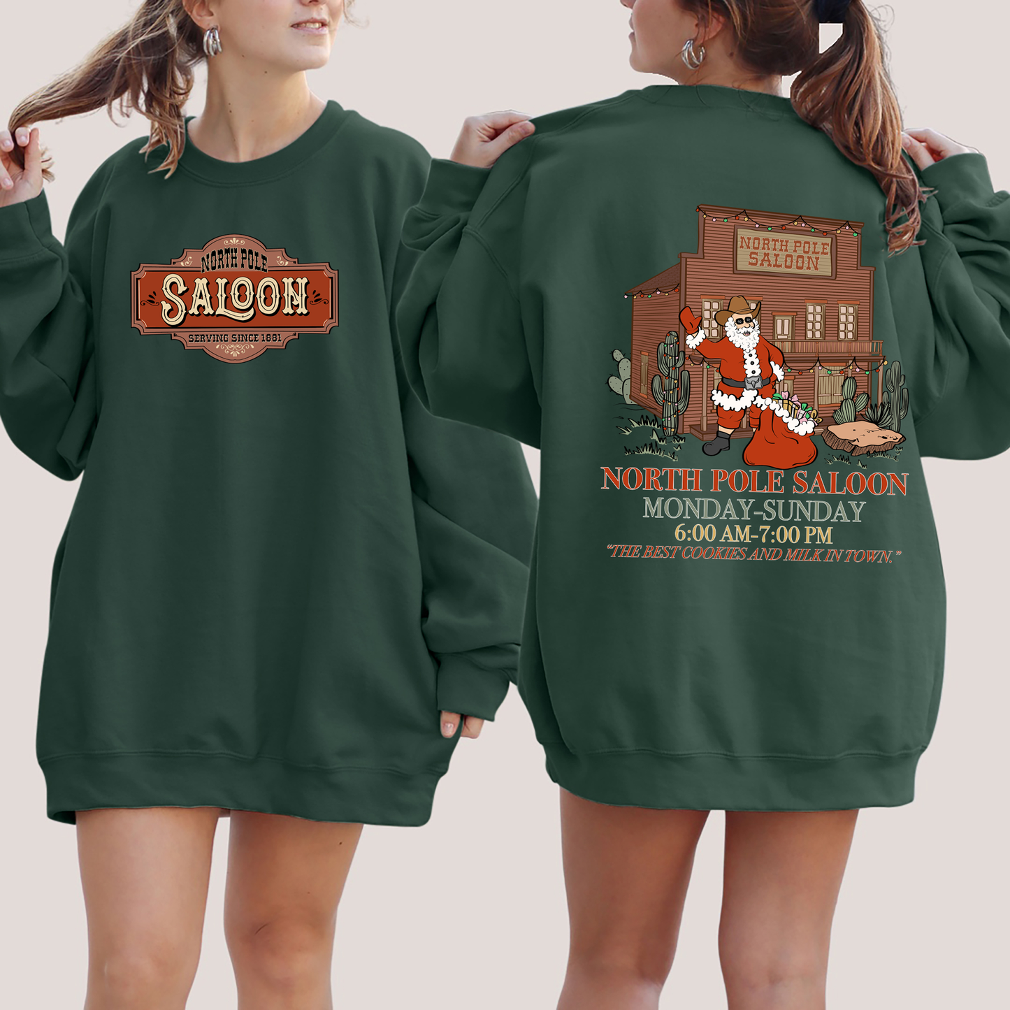 North Pole Saloon, Christmas Party, Santa, Funny, Front and Back Sweatshirt