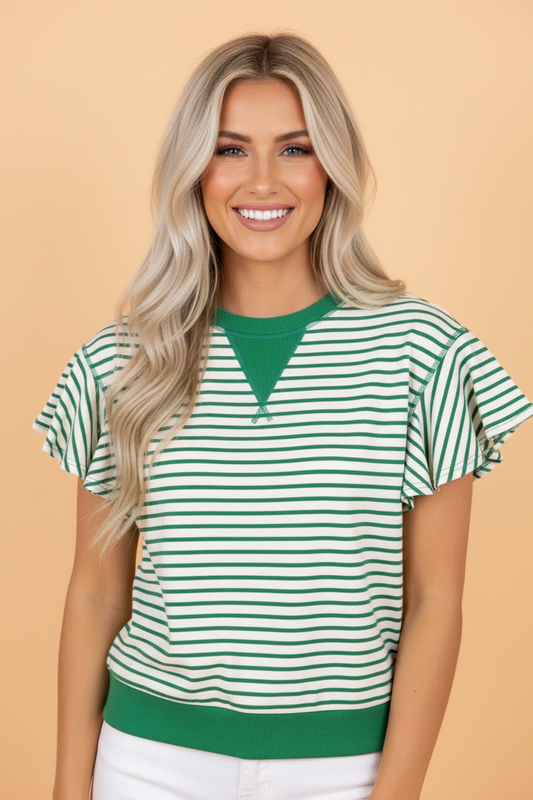 Stripe Contrast Detail Ruffle Short Sleeve Top