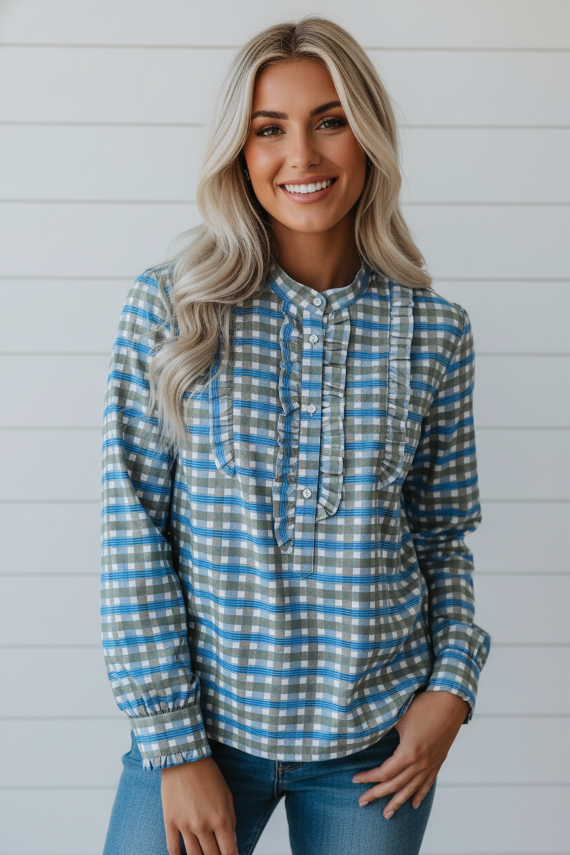 Gingham Plaid Long Sleeve Frilled Half Button Blouse