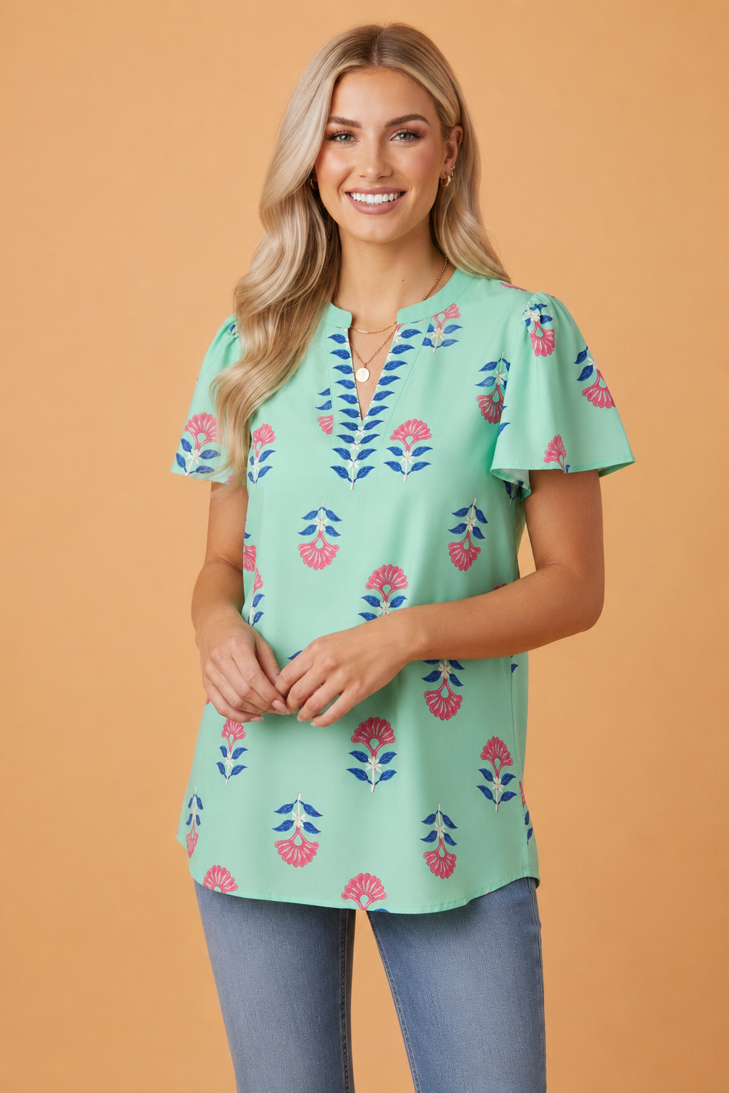 Floral Flutter Short Sleeve V-Neck Blouse