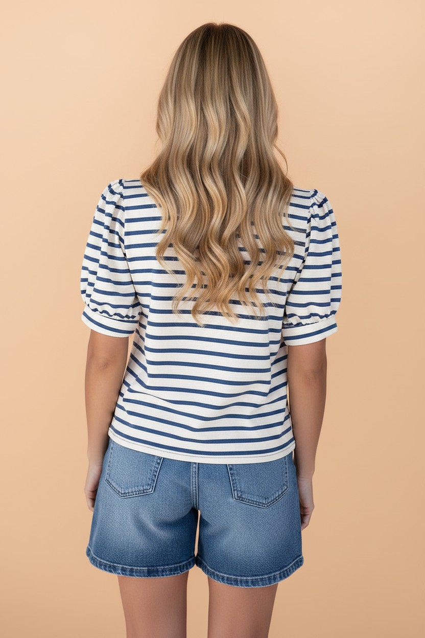 Stripe Colorblock Puff Sleeve Polo Collar Blouse