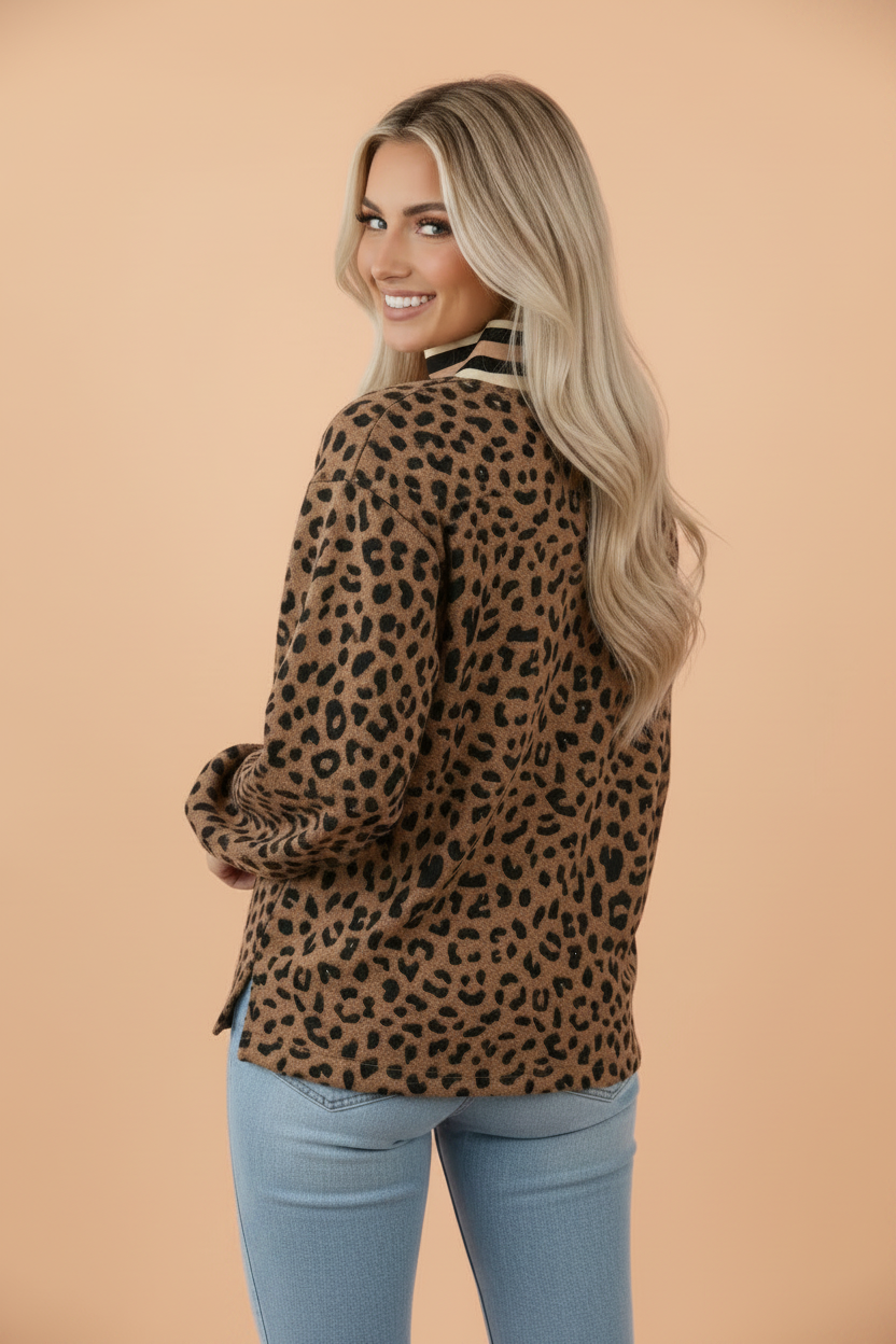 Leopard Stripe Trim Collar Long Sleeve Pullover