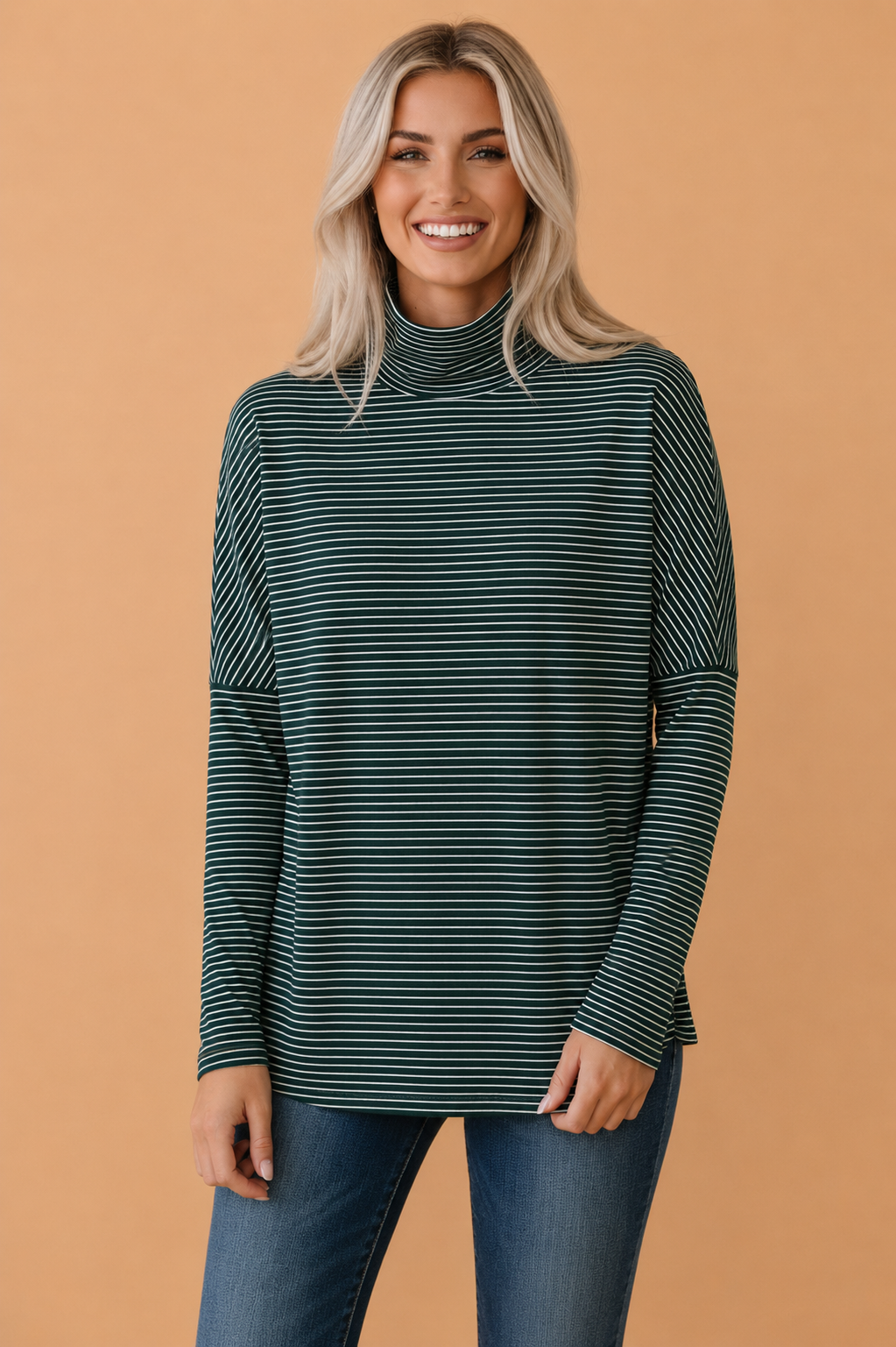 Stripe High Neck Drop Shoulder Long Sleeve Top