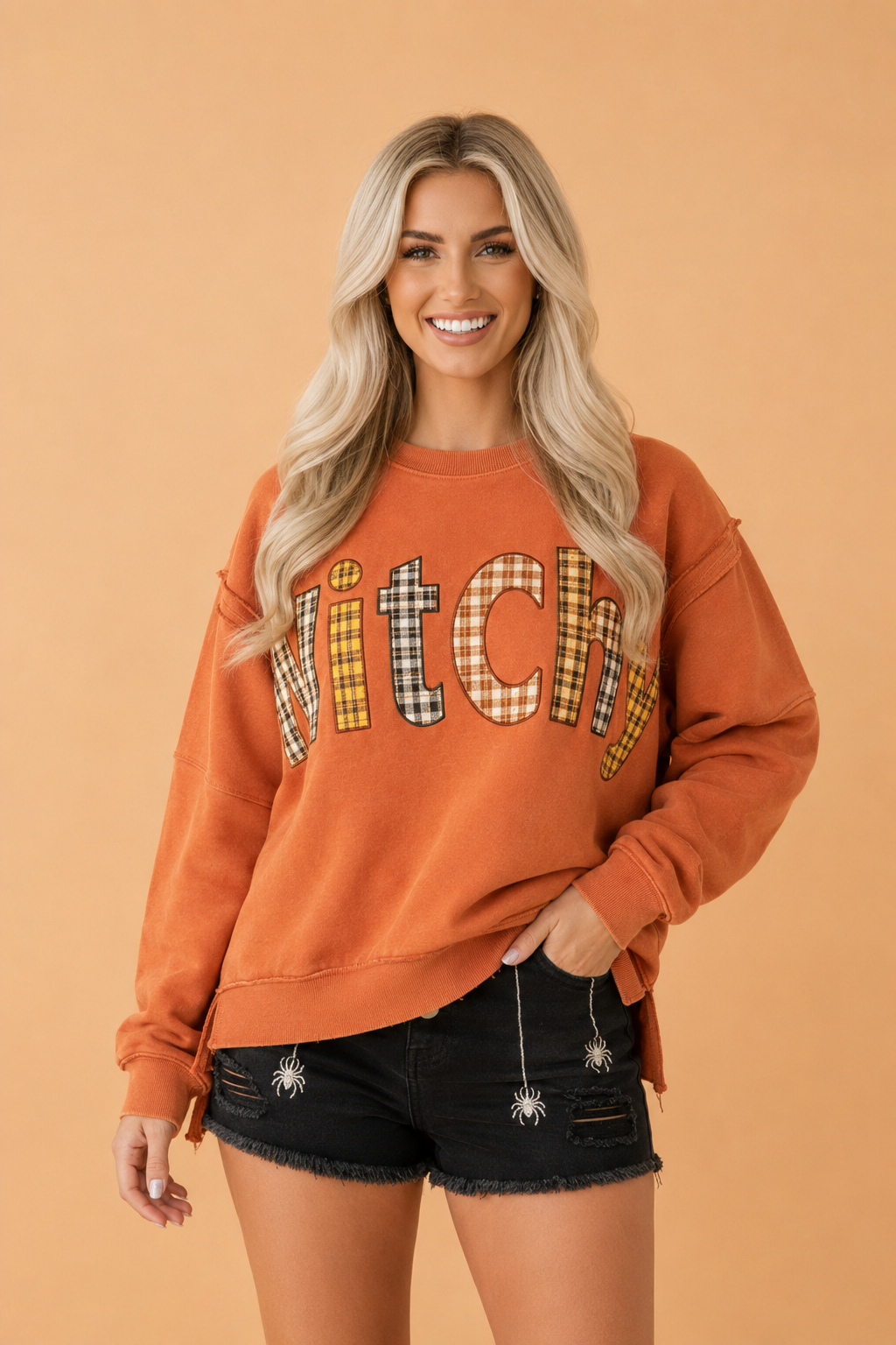Halloween Witchy Plaid Patchwork Exposed Seam Sweatshirt