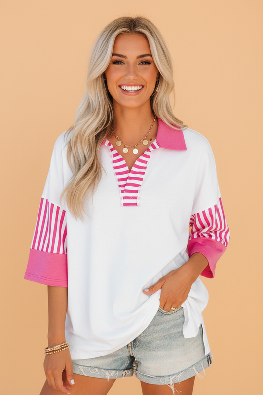 Stripe Coloblock Patchwork Polo Collar 3/4 Sleeve Tee