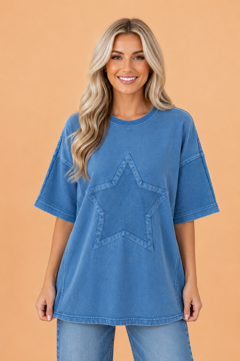Star Waffle Knit Patchwork Mineral Wash Tee