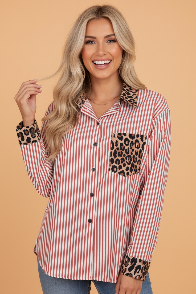 Stripe Leopard Patchwork Long Sleeve Buttoned Shirt