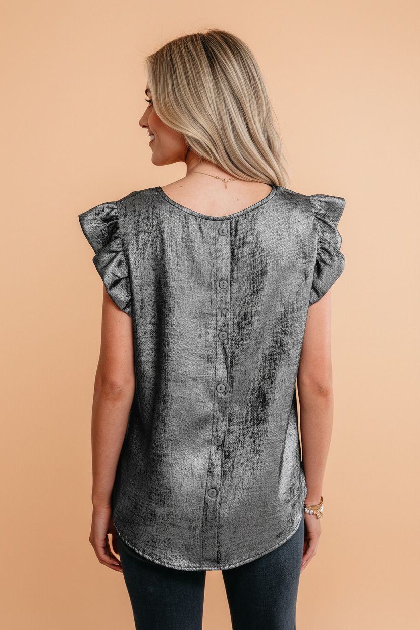 Metallic Ruffle Trim Sleeveless Round Neck Top