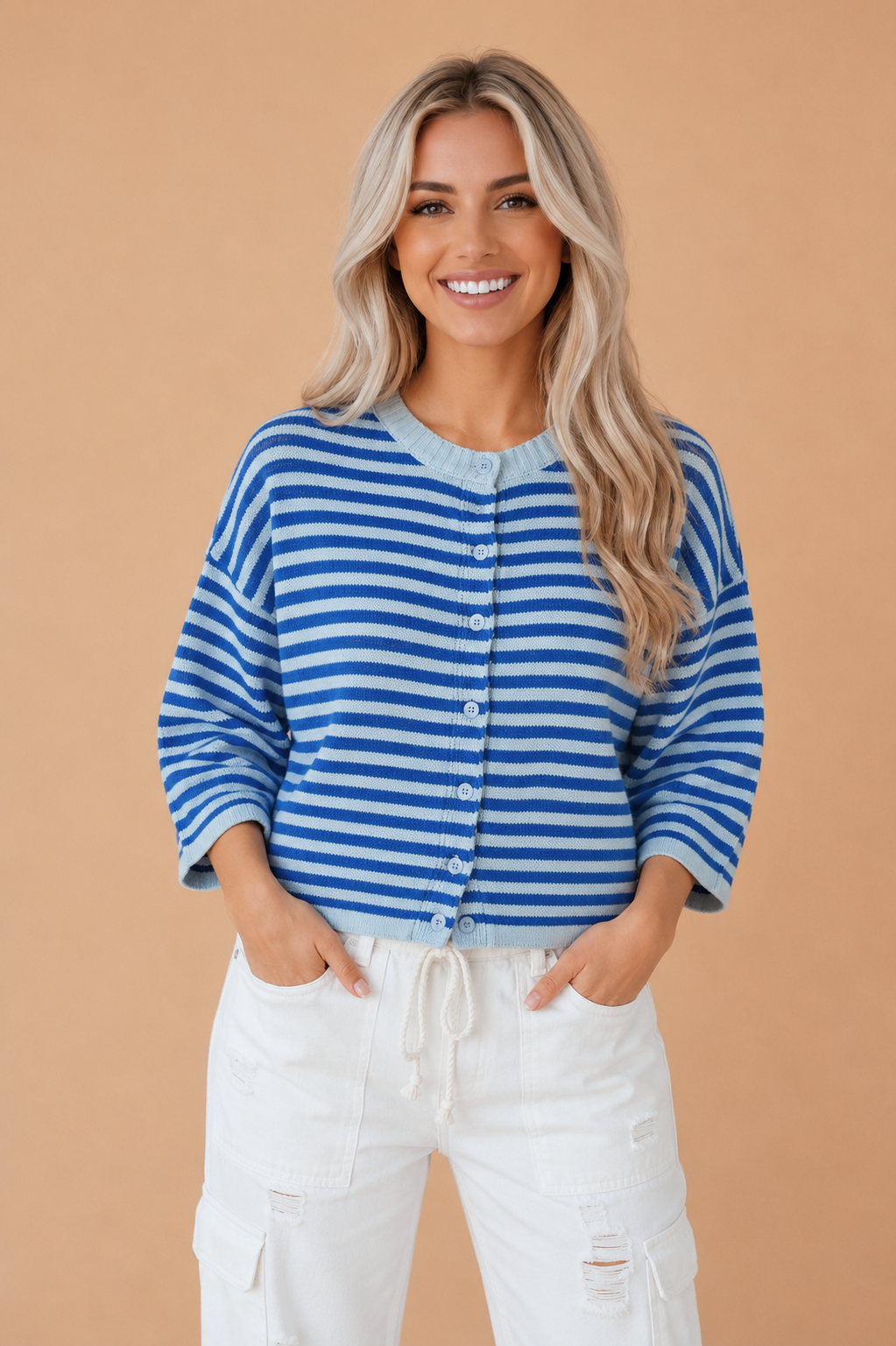Stripe 3/4 Sleeve Button Down Knit Cardigan
