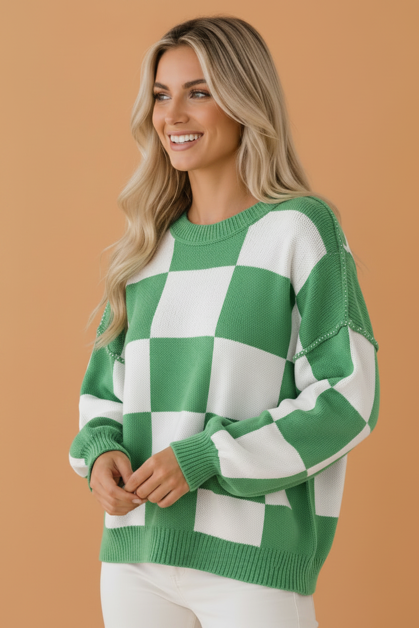 Checker Exposed Seam Drop Shoulder Long Sleeve Sweater