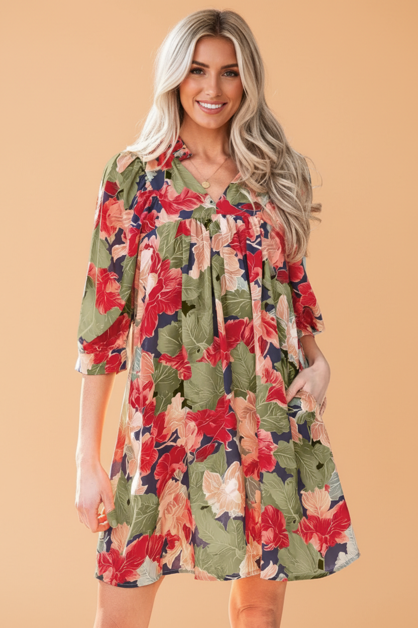 Floral Frilled Collar V-Neck 3/4 Sleeve Dress