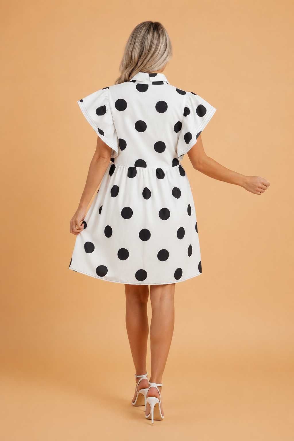 Polka Dot Half Button Ruffle Sleeve Mini Dress