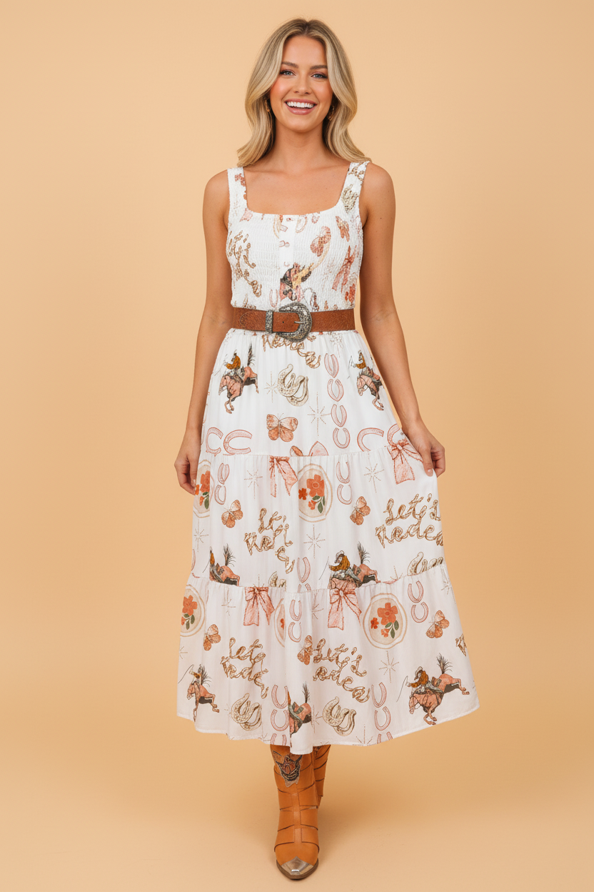 Western Horseshoe Smocked Sleeveless Midi Dress