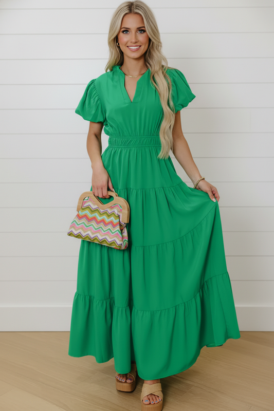 Solid V-Neck Short Puff Sleeve Tiered Maxi Dress