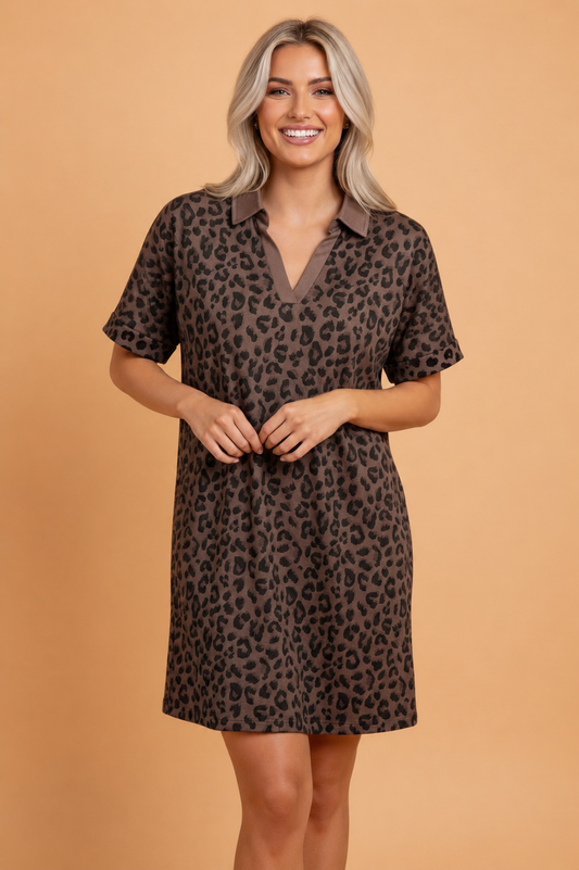Leopard Contrast Collar V-Neck Mini Dress