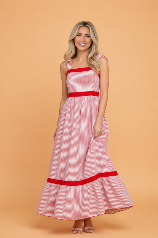 Stripe Bow Tie Straps Ruffle Hem Maxi Dress