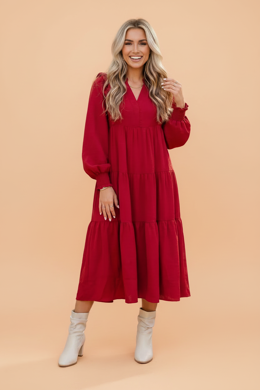 Solid Ruffle Trim Long Sleeve Tiered Midi Dress