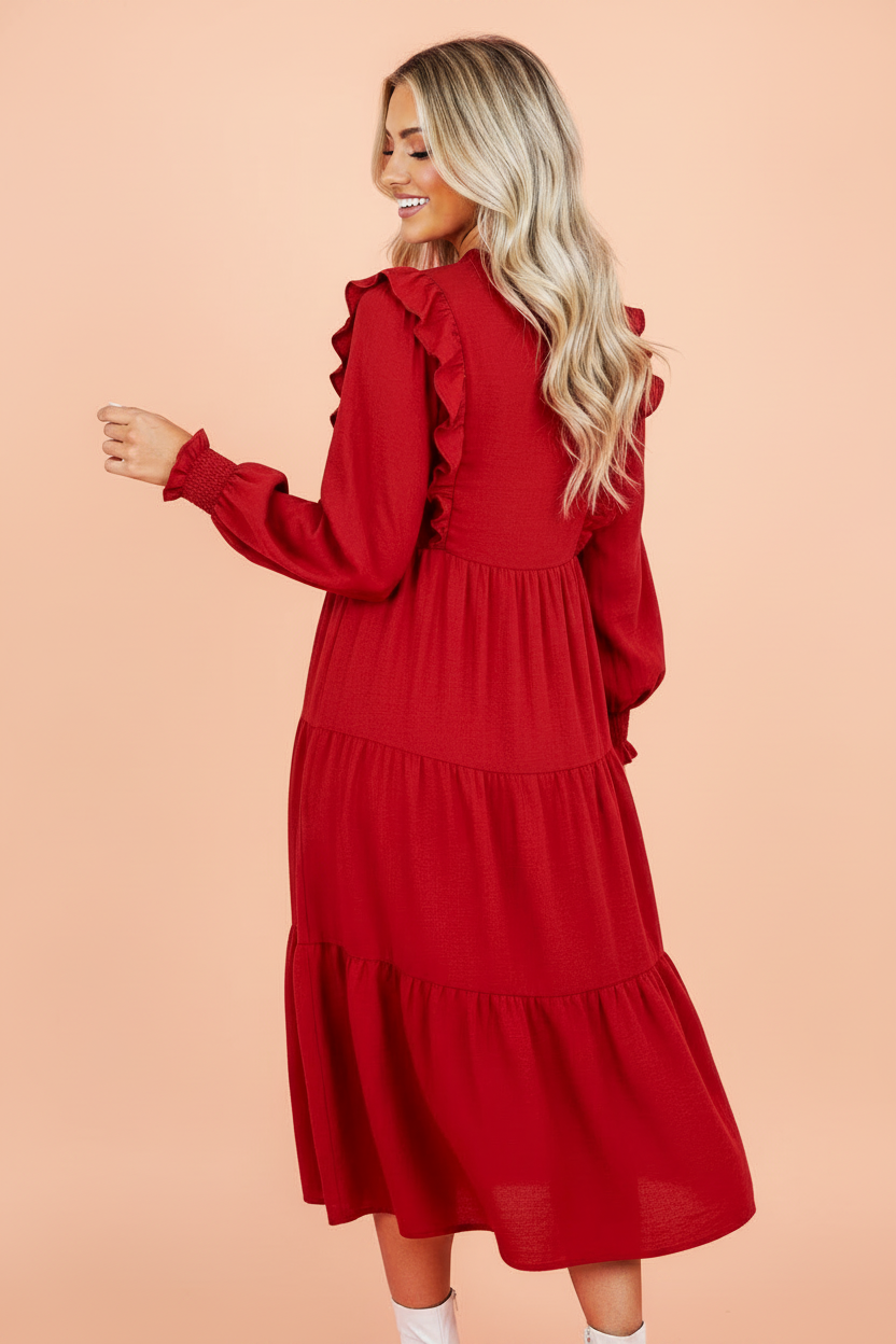 Solid Ruffle Trim Long Sleeve Tiered Midi Dress