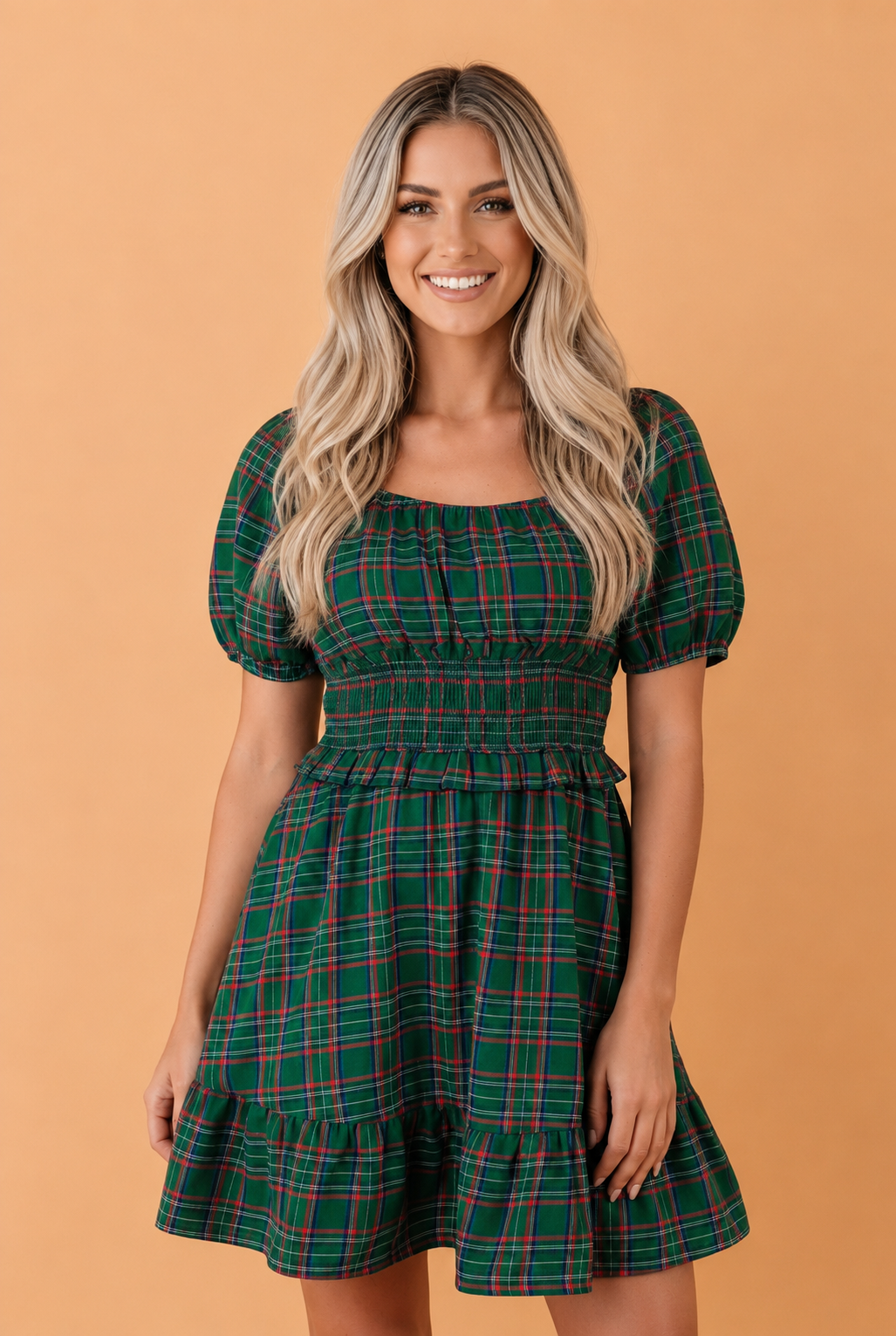 Plaid Shirred Scoop Neck Short Sleeve Mini Dress