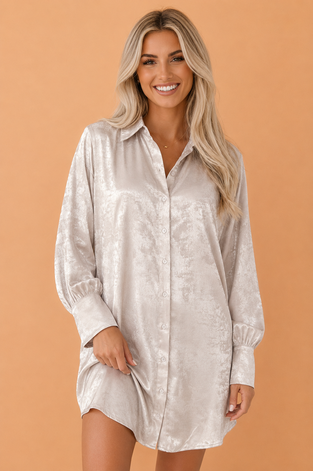 Solid Metallic Long Sleeve Collared Mini Dress