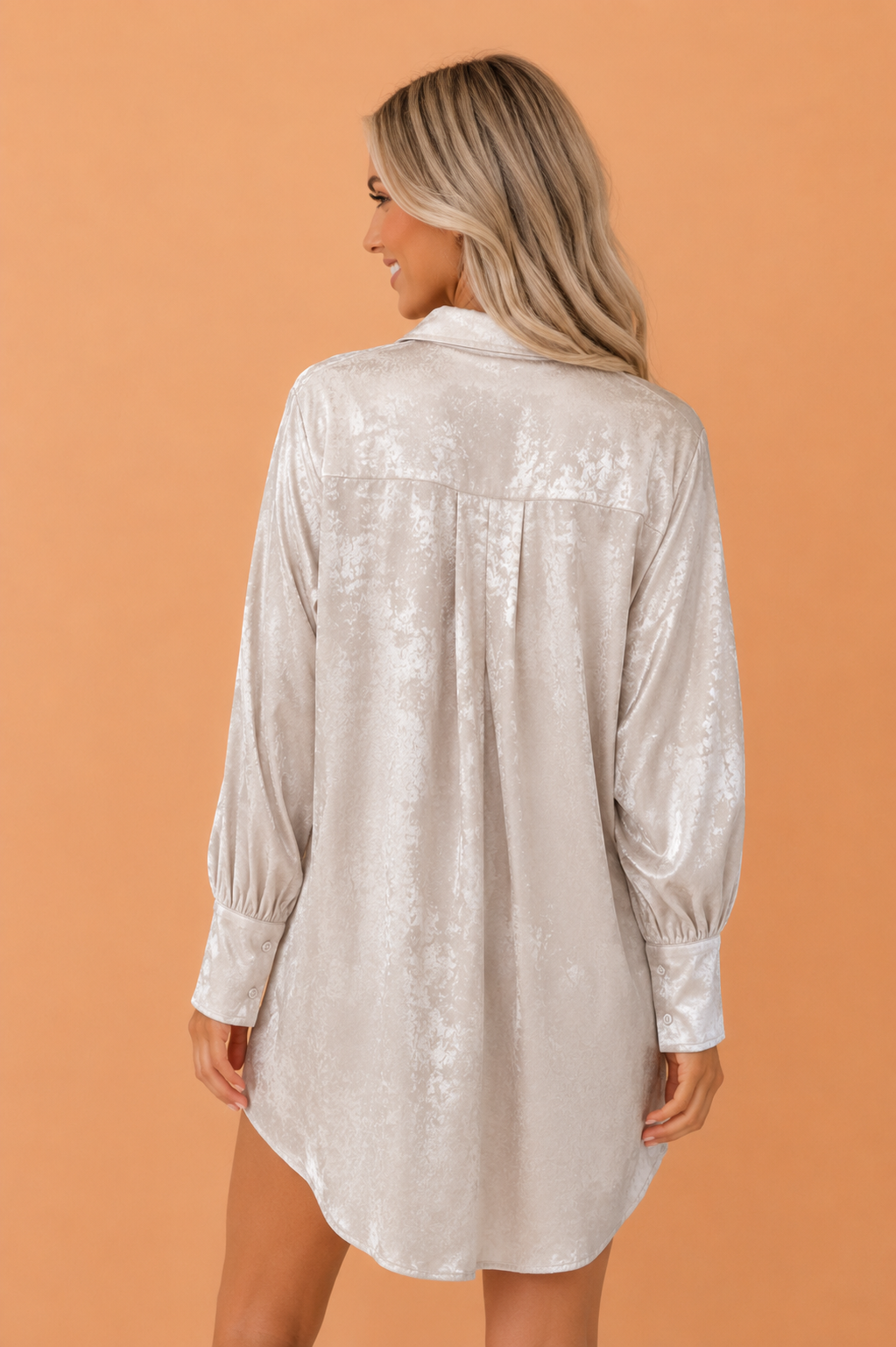Solid Metallic Long Sleeve Collared Mini Dress