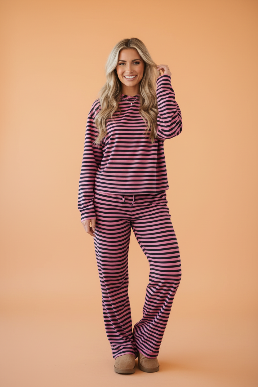 Stripe Long Sleeve Top and Drawstring Pants Set
