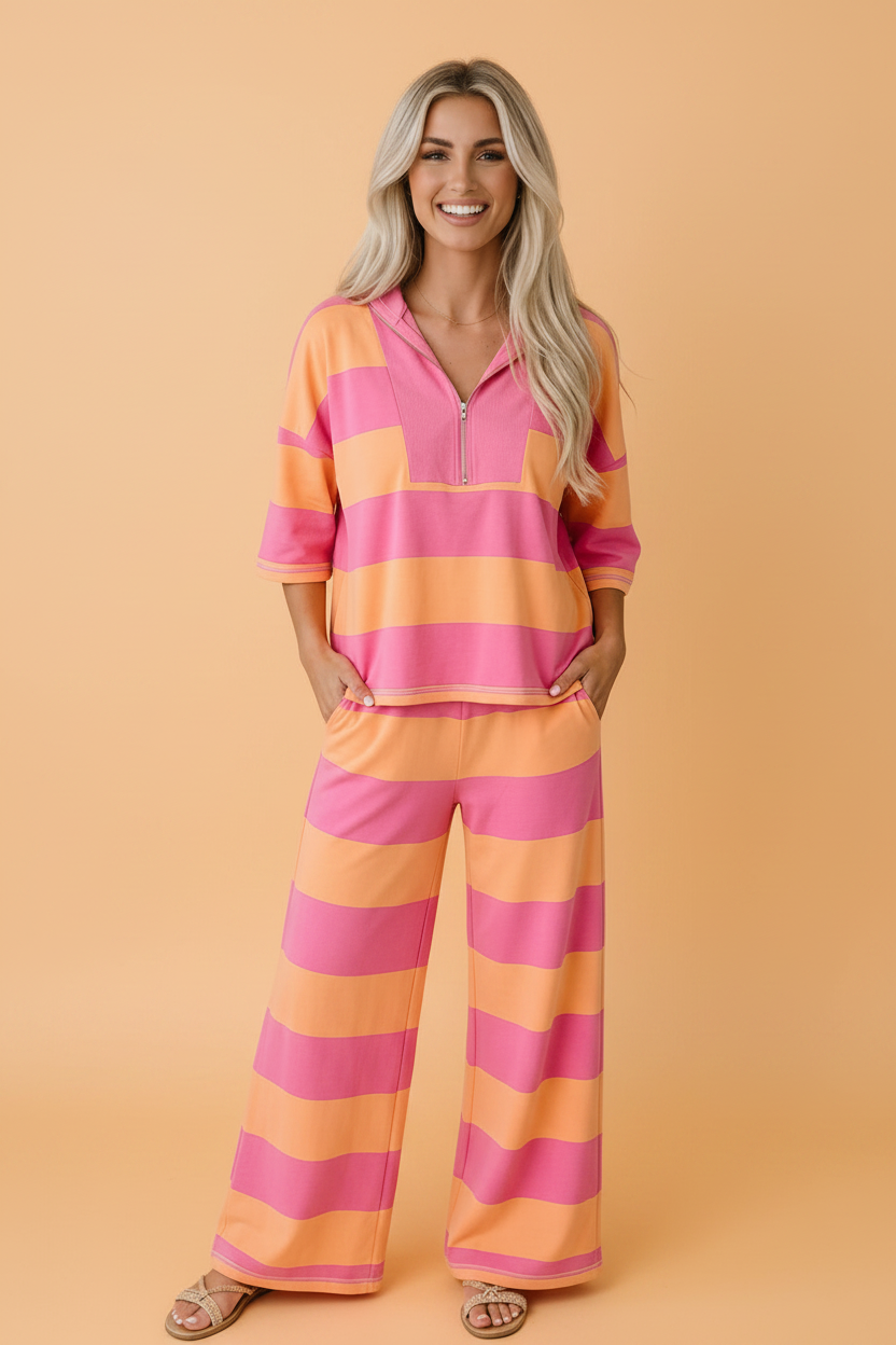Stripe Colorblock 3/4 Sleeve Top and Pants Set