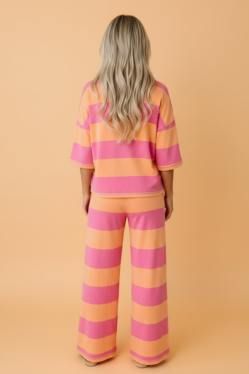 Stripe Colorblock 3/4 Sleeve Top and Pants Set