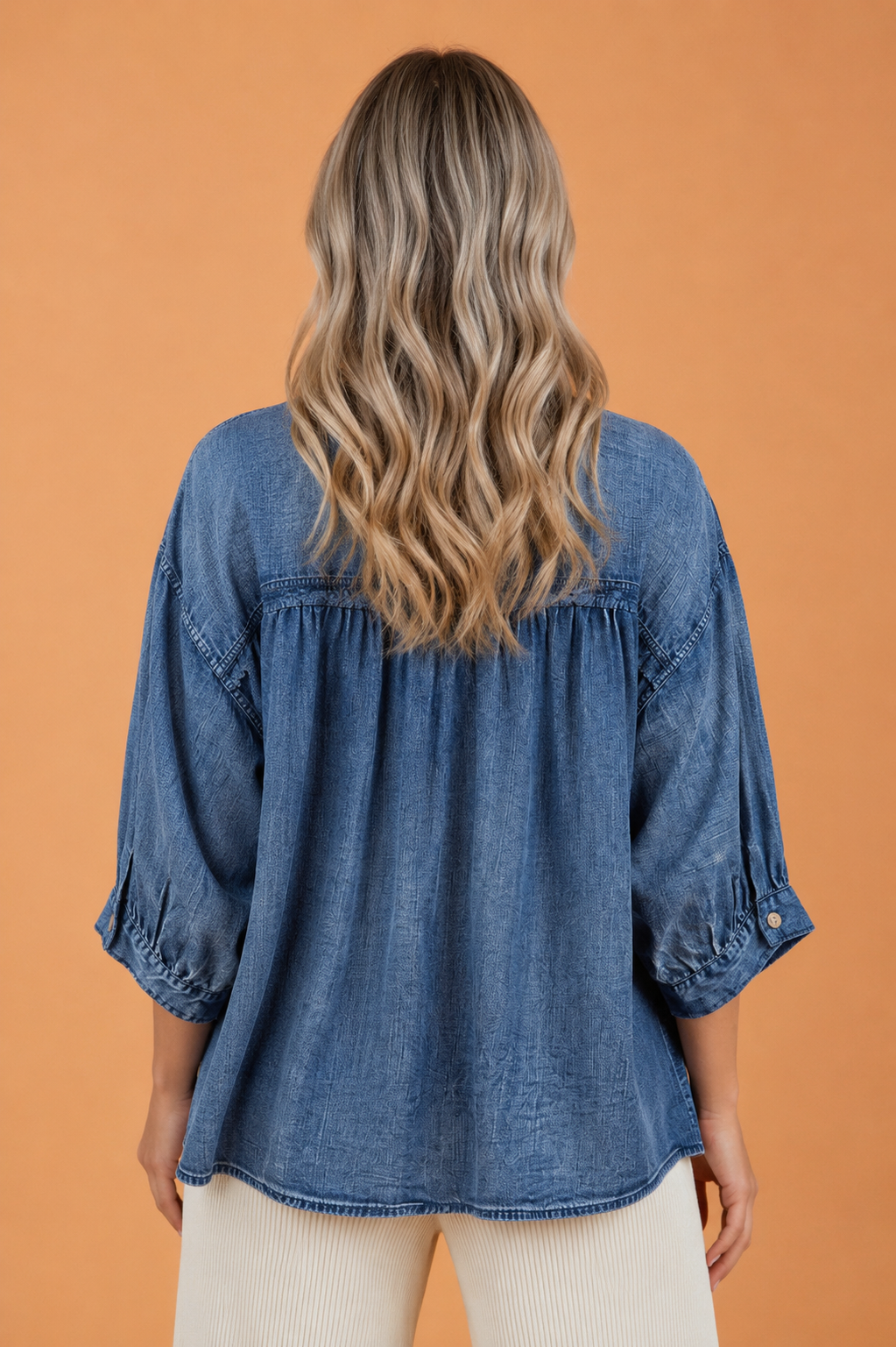 Denim Chest Pocket 3/4 Sleeve Loose Buttoned Shirt