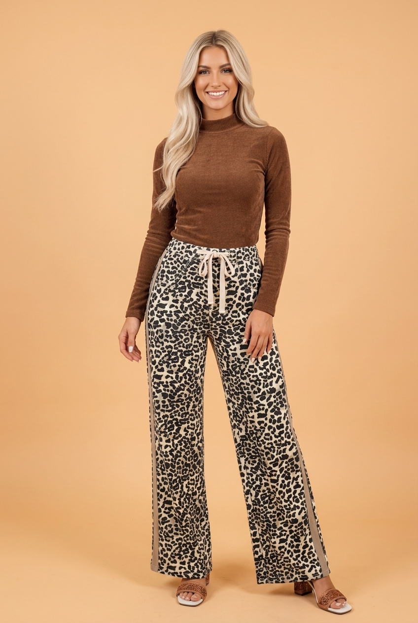 Leopard Denim Drawstring Waist Straight Leg Jeans