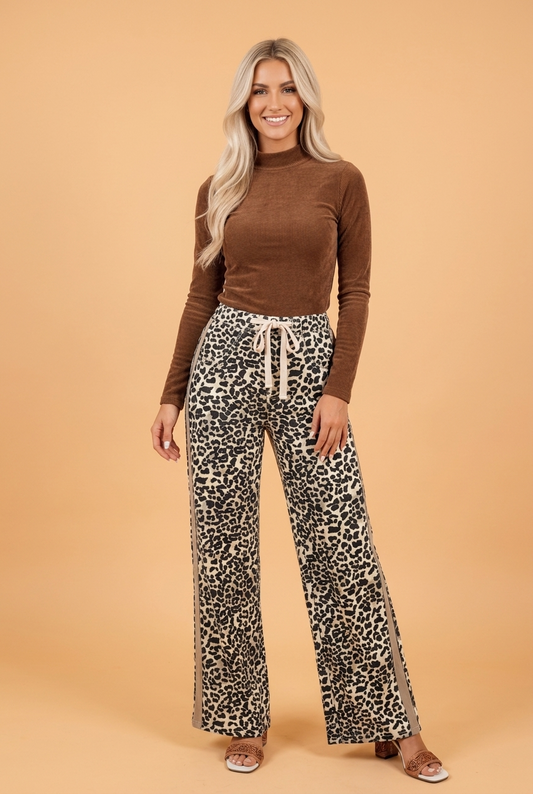 Leopard Denim Drawstring Waist Straight Leg Jeans
