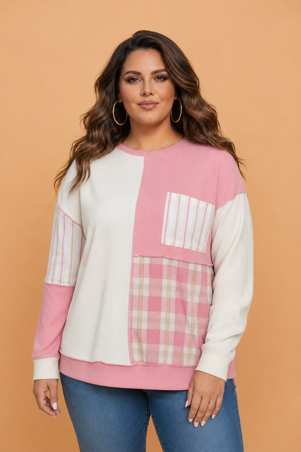 Plus Size Plaid Stripe Patchwork Long Sleeve Blouse