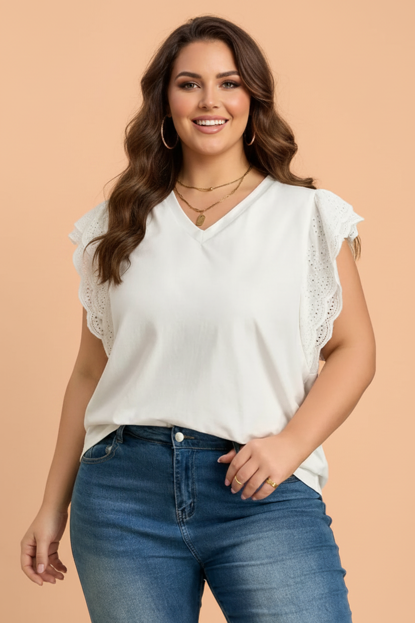 Plus Size Embroidered Eyelet Patchwork Short Sleeve Tee