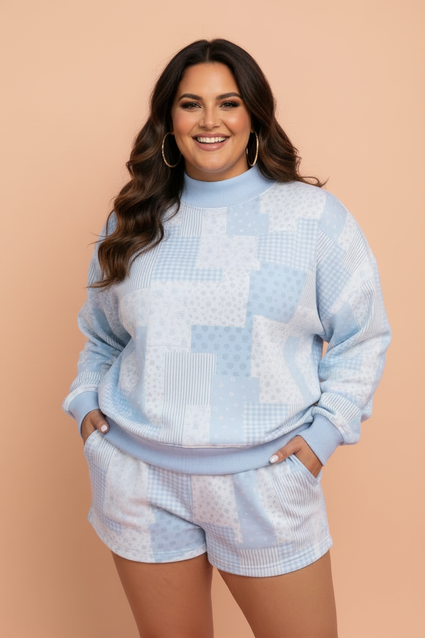 Plus Size Floral Patchwork Pullover and Shorts Set