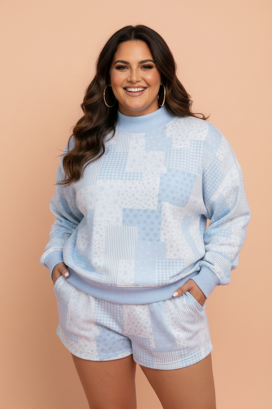 Plus Size Floral Patchwork Pullover and Shorts Set