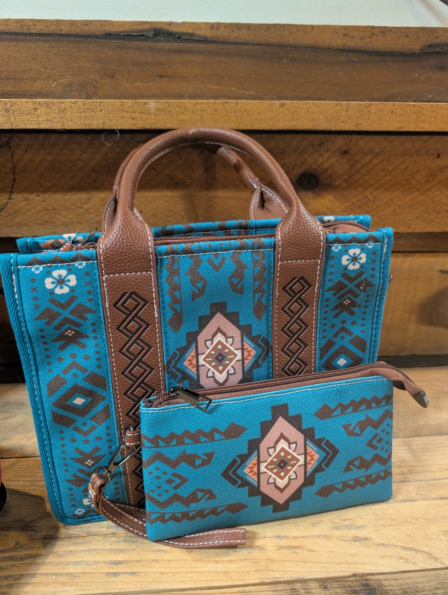 Western Aztec Tote Purse with Matching Wristlet – Teal & Brown | Last One!