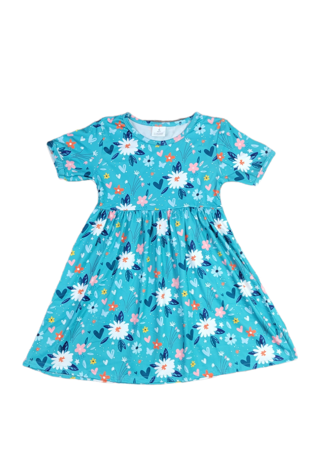 Teal Floral Short Sleeve Milk Silk Dress