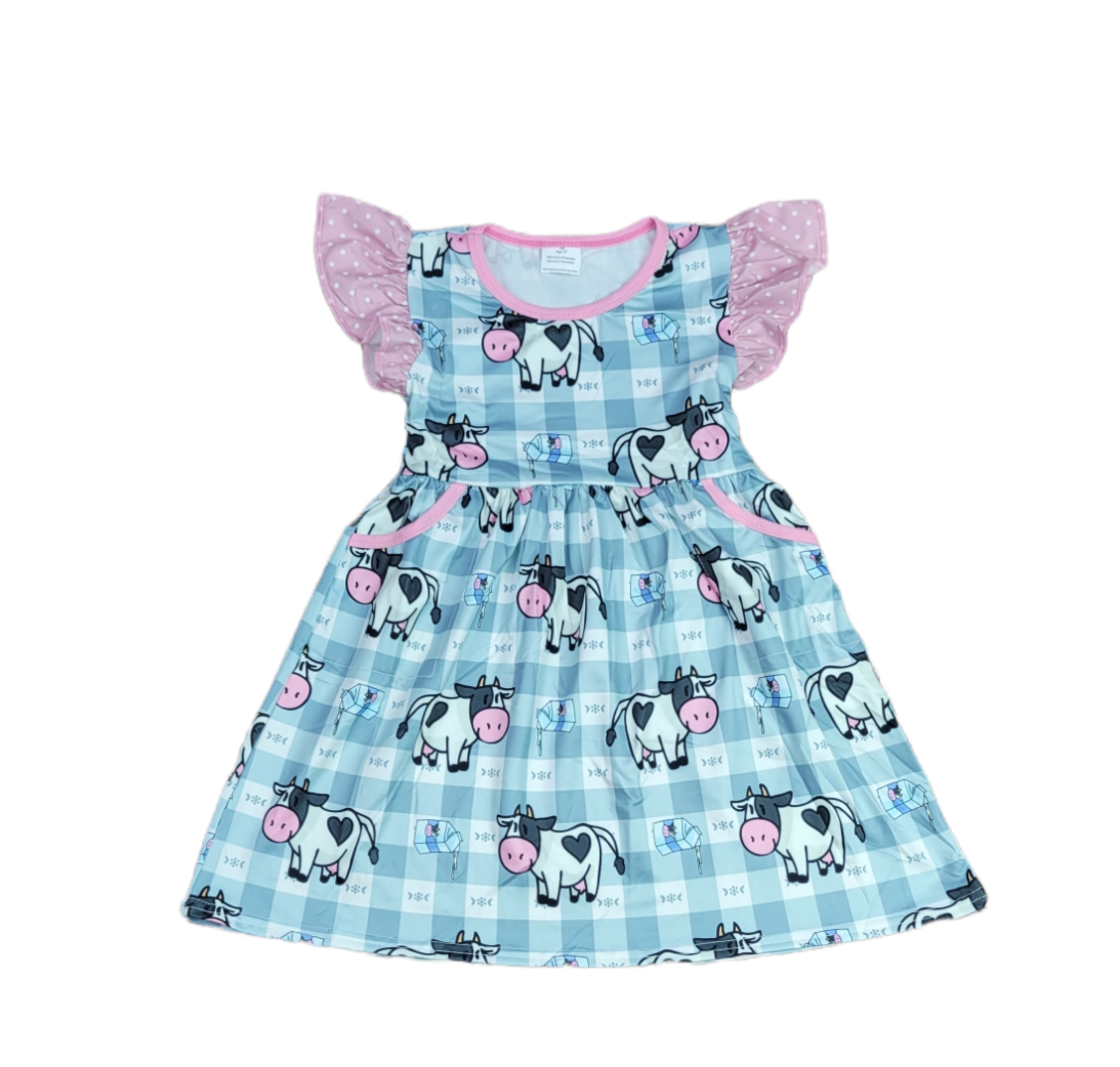 Plaid Cow Long Flutter Pocket Milk Silk Dress