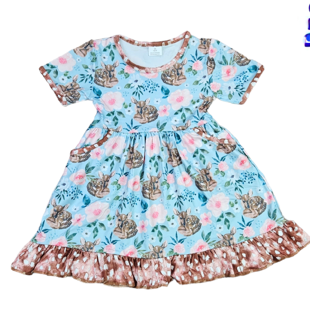 Spring Deer Short Sleeve Pocket Ruffle Milk Silk Dress