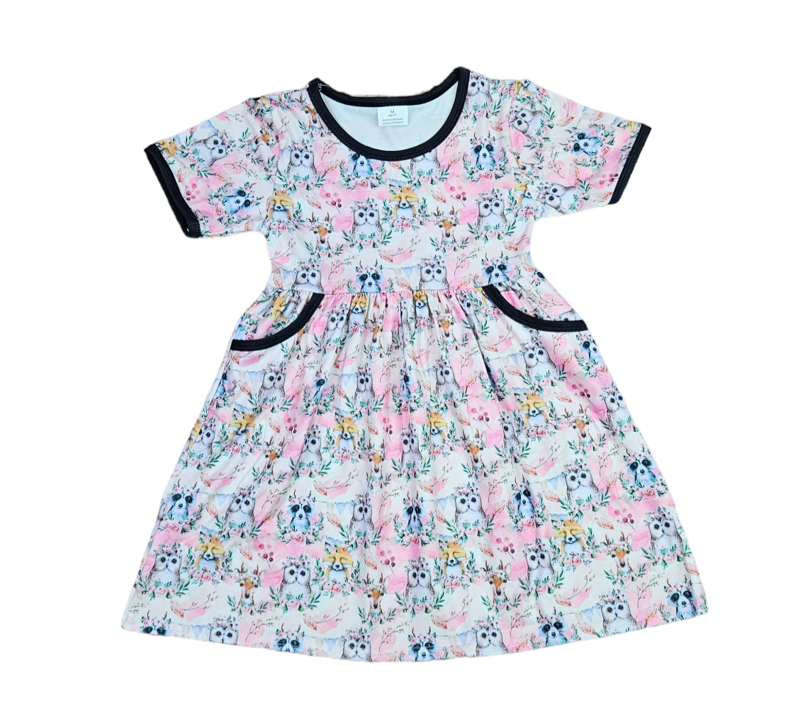Spring Animals Short Sleeve Pocket Milk Silk Dress