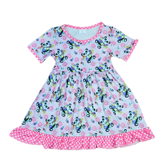 Spring Floral Panda Short Sleeve Ruffle Milk Silk Dress