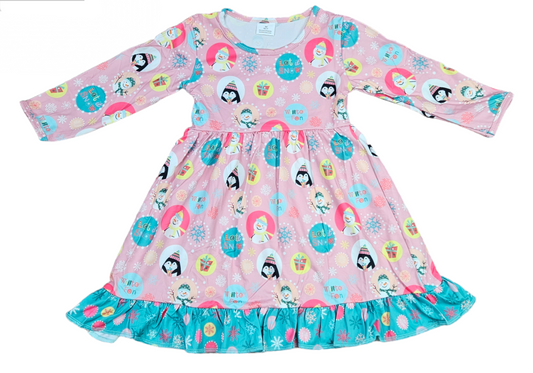 Pink Let It Snow Long Sleeve Ruffle Milk Silk Dress