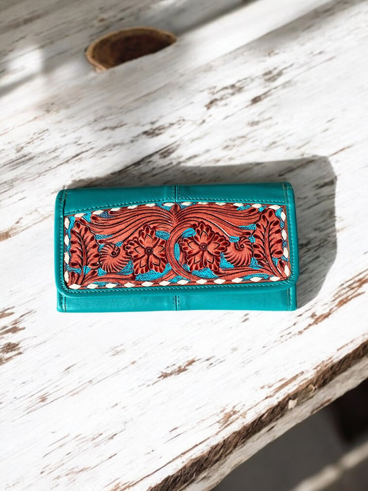 Turquoise Tooled Leather Floral Women's Wallet