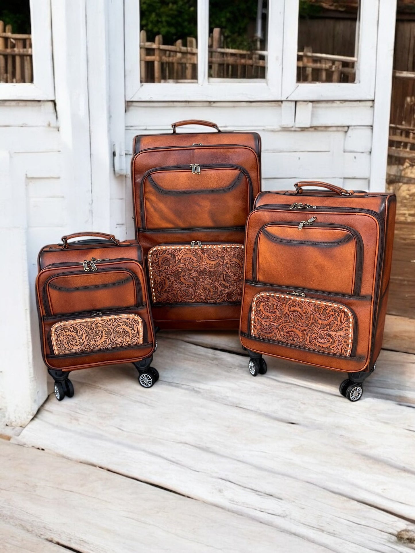 Medium Burn Tooled Leather Rolling Suitcase Carry Luggage