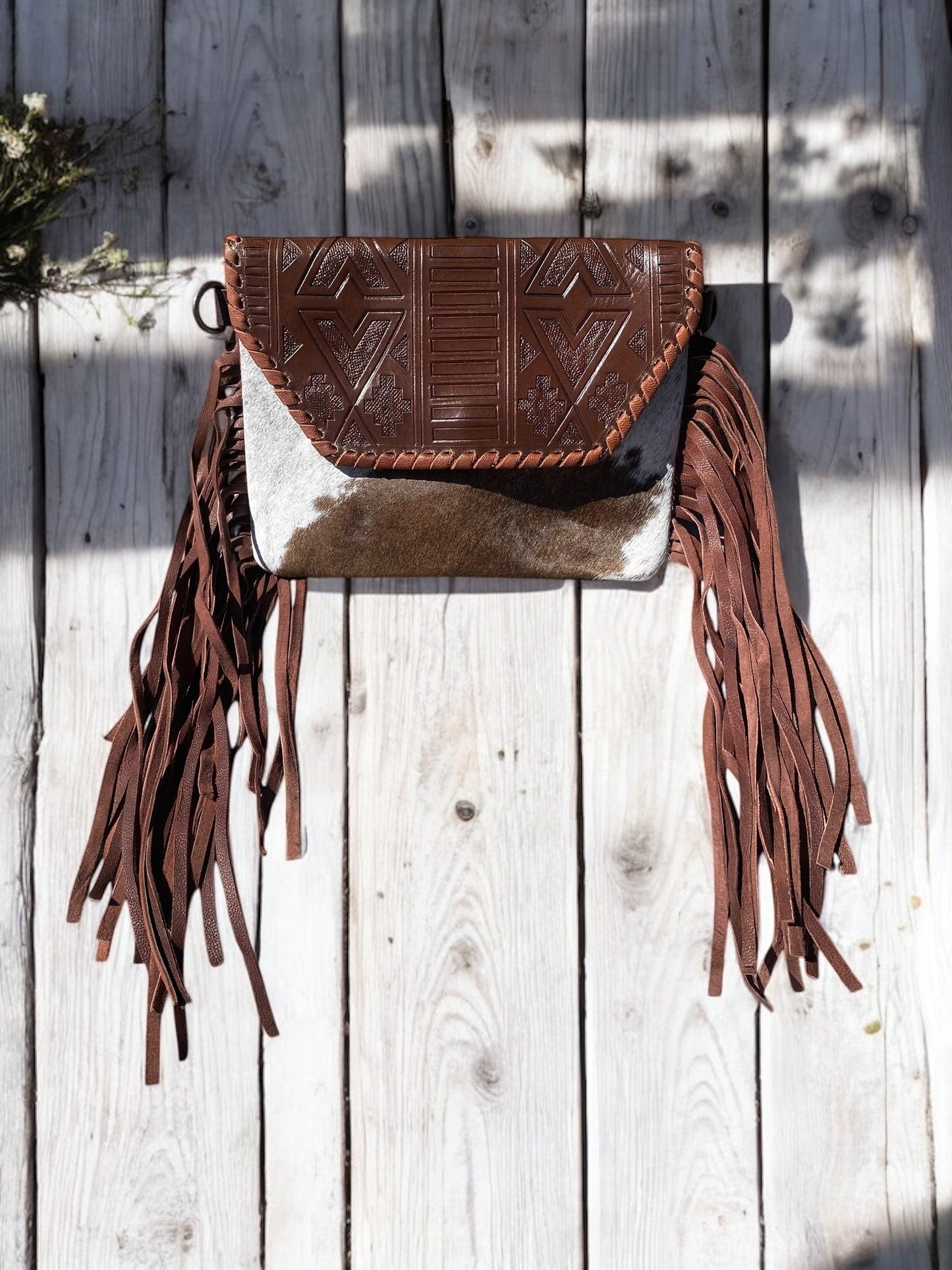 Aztec Cowhide Brown Tooled Crossbody Fringe