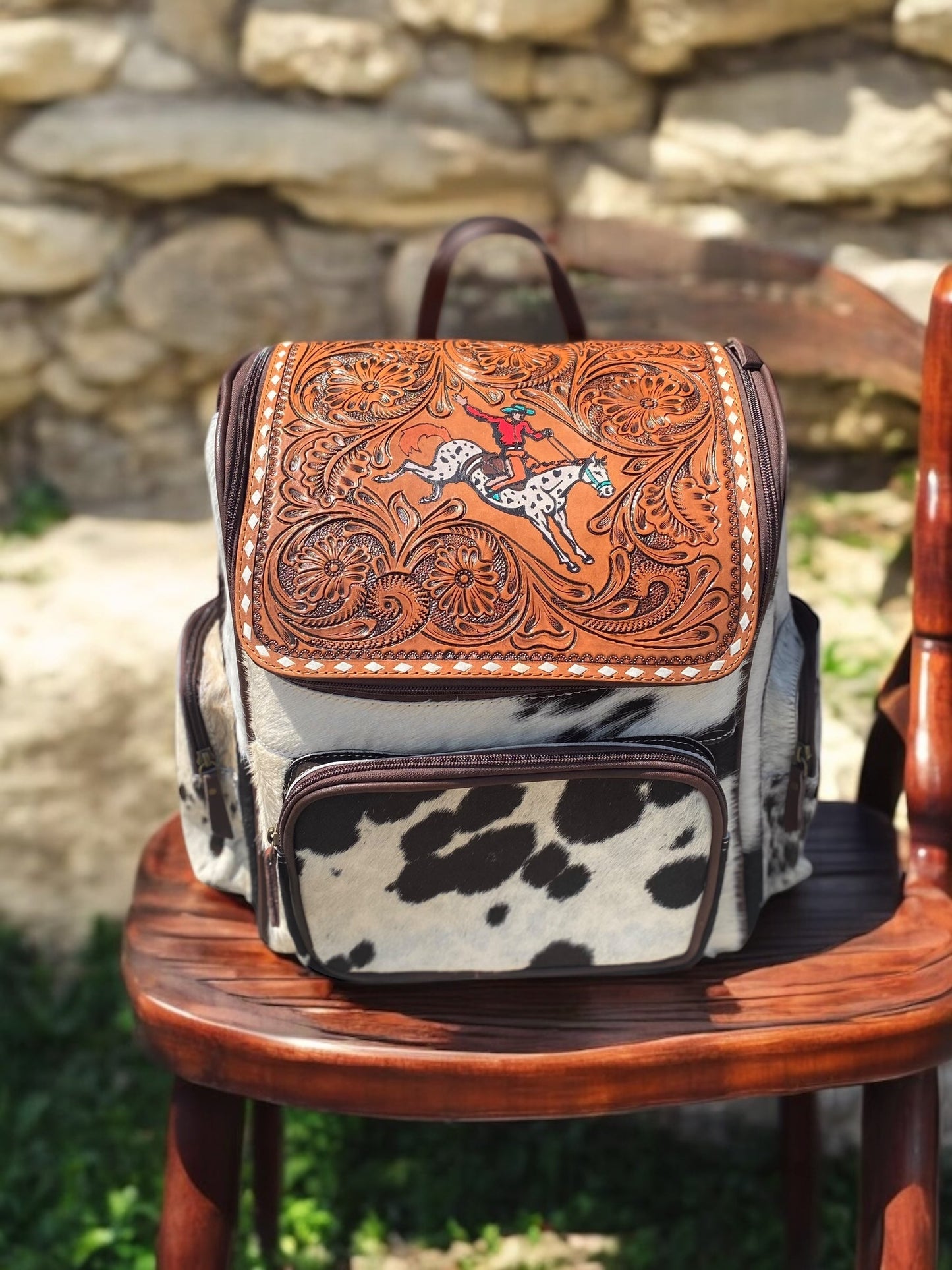 Bucking Horse Cowhide & Tooled Leather Backpack