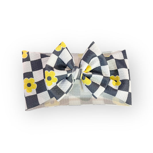 Checkered Yellow Flower Headwrap Bow