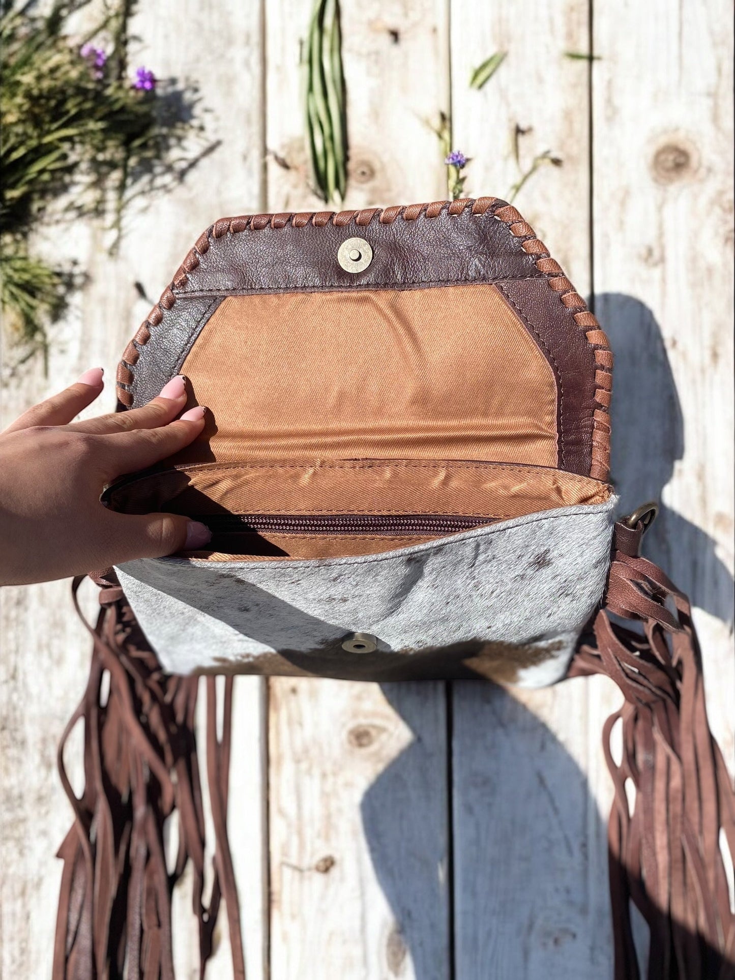 Aztec Cowhide Brown Tooled Crossbody Fringe